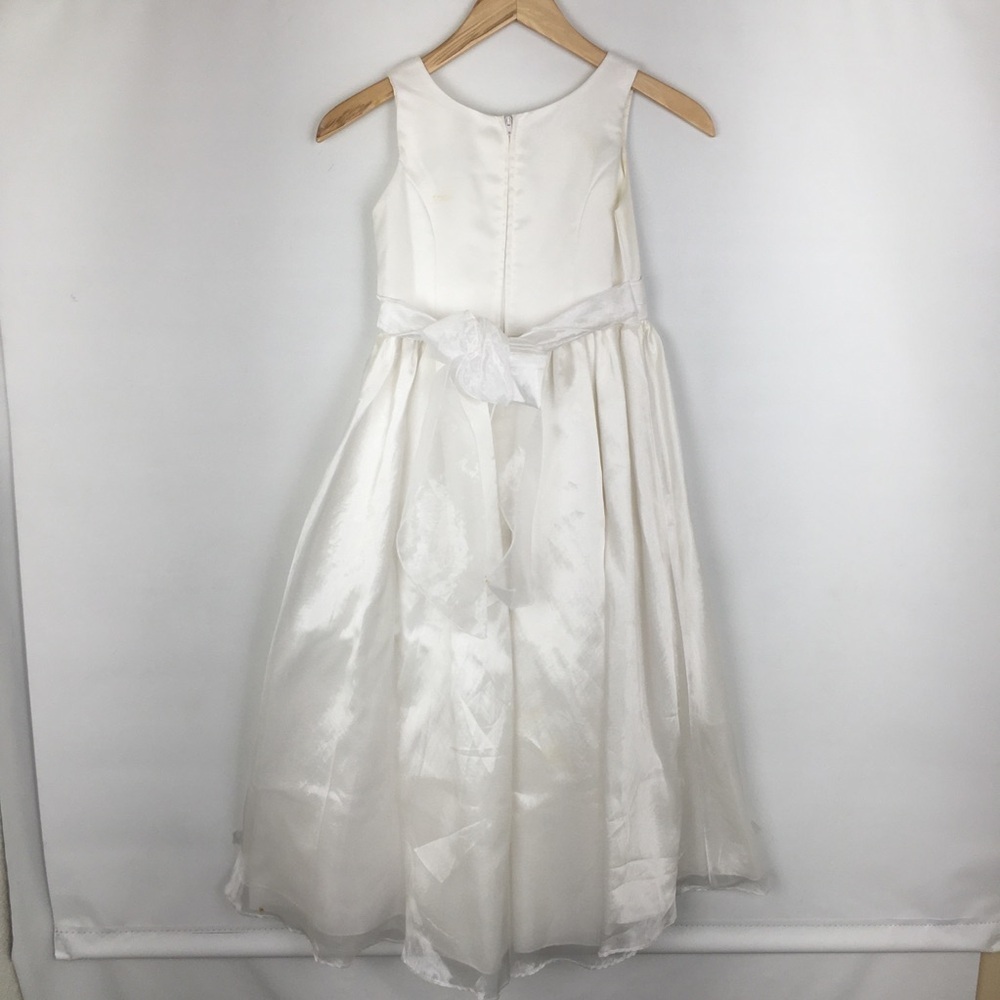 First Communion Dress White Sheer Satin Overlay Tank Pearl Flower Appliqué Sz 10 - Picture 10 of 16